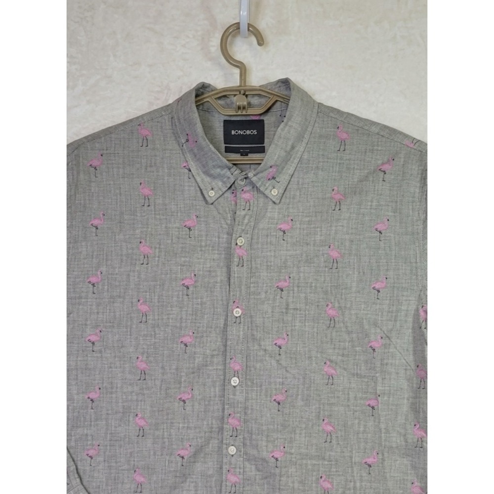 Bonobos Slim Fit Mens XXL Flamingo Print Cotton Button Down Shirt Gray Festive